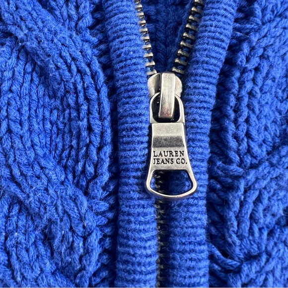 LAUREN RALPH LAUREN Blue Cable Knit Full-Zip Cotton blend Sweater SizeL - Picture 4 of 8